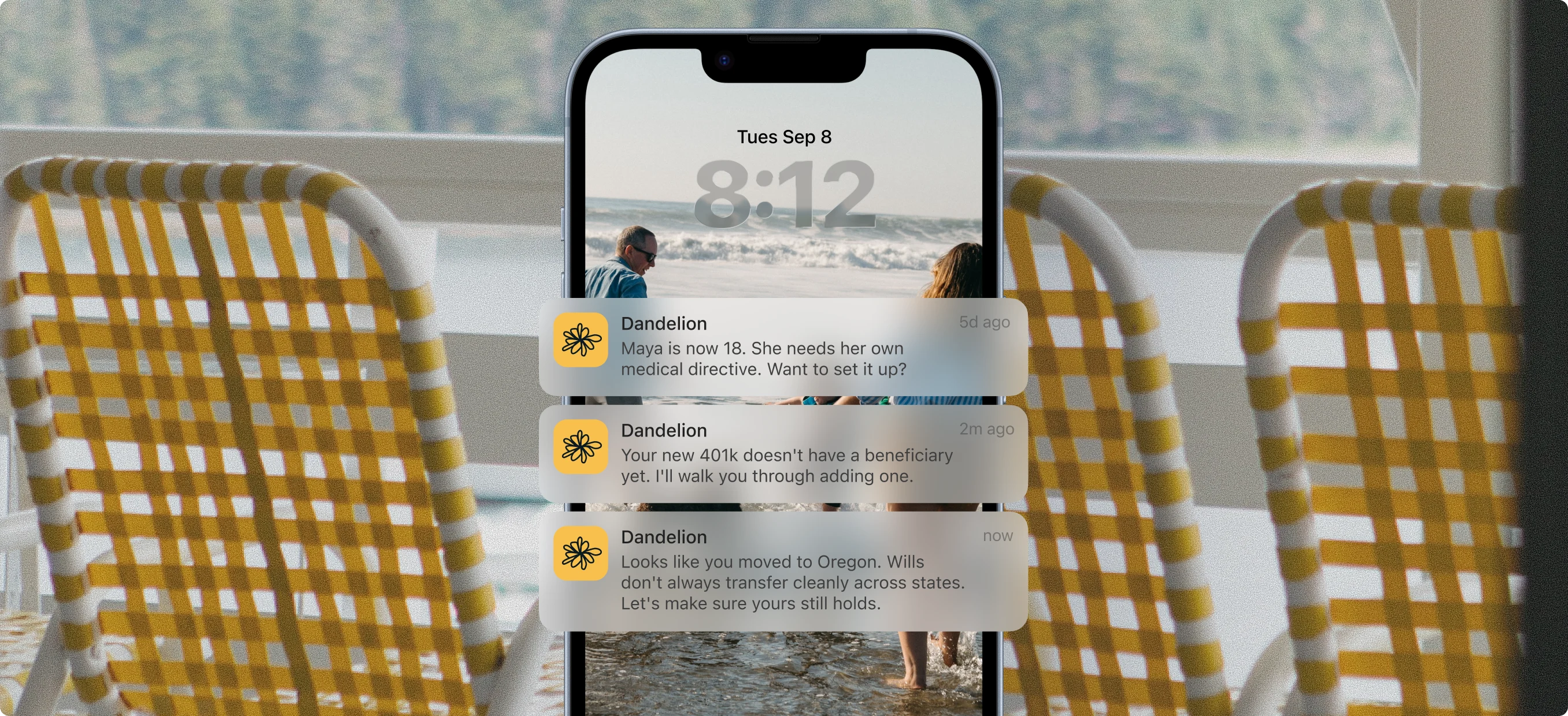 Dandelion life-update reminders displayed as notifications on a phone.