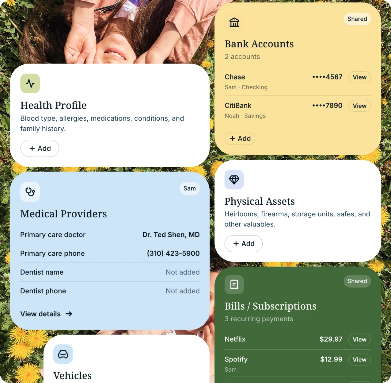 Family Playbook screens for organizing practical household information.