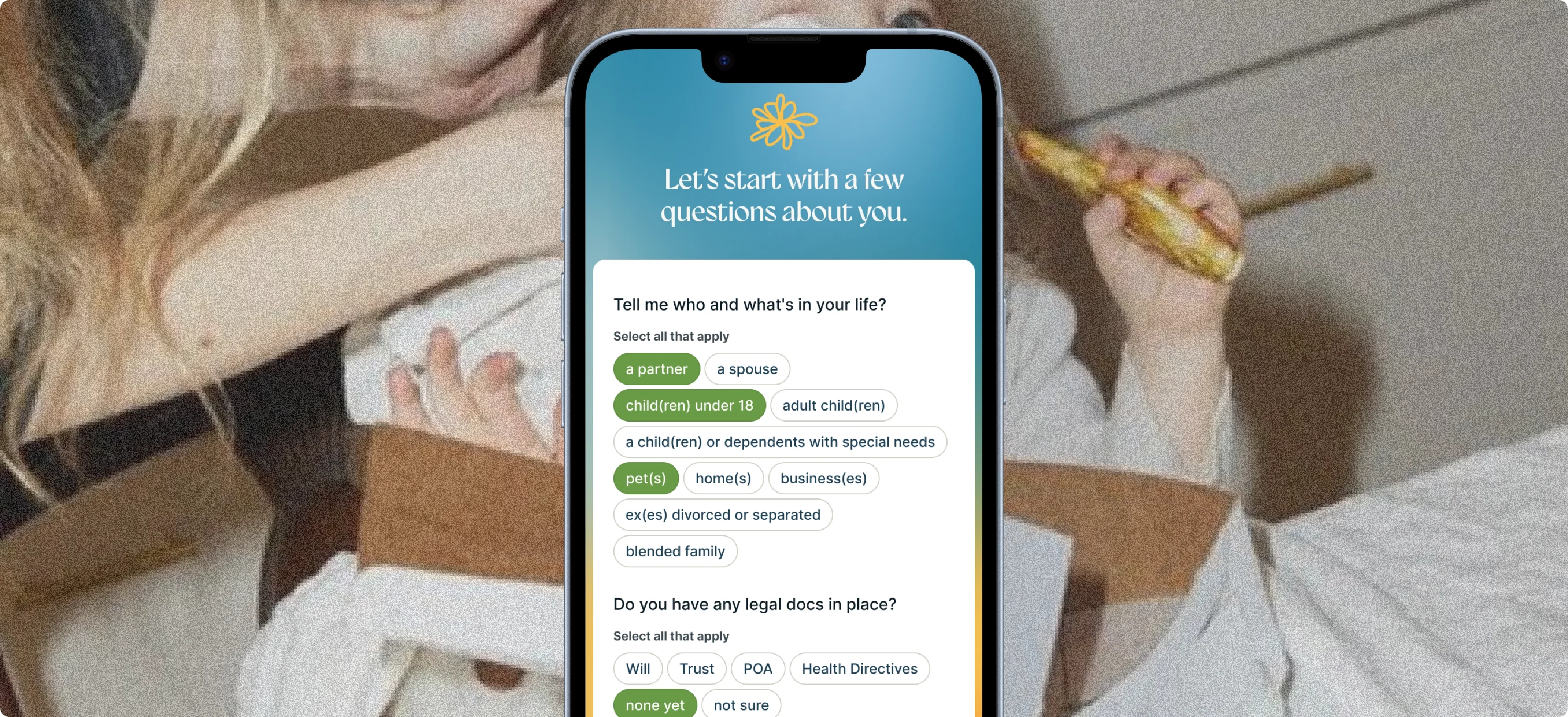 Dandelion’s onboarding questionnaire shown on a phone over a family moment at home.