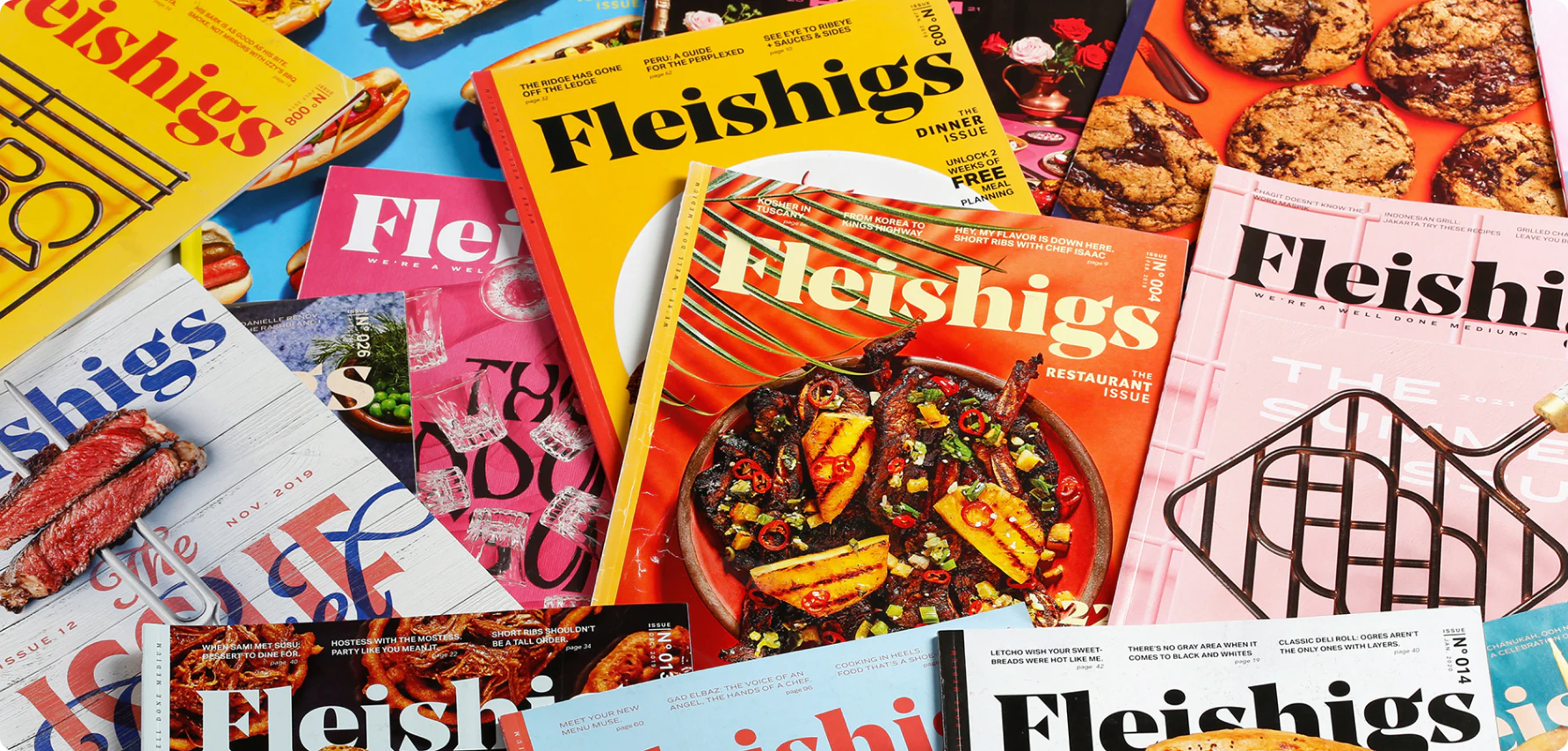 A collection of colorful Fleishigs magazine covers