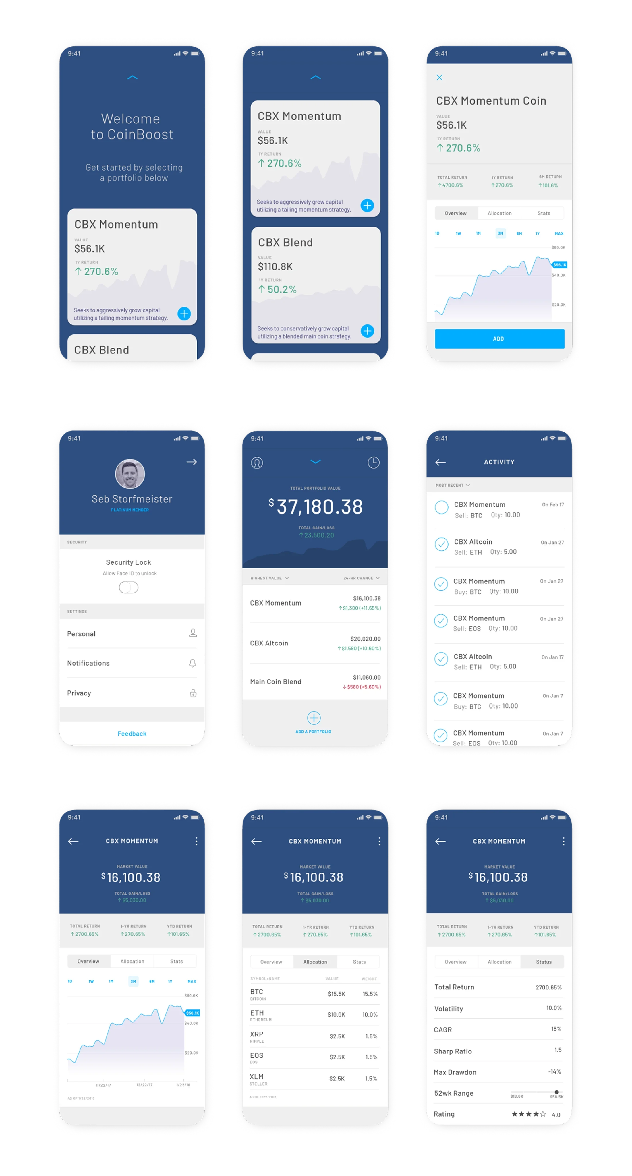Coinboost mobile application screens