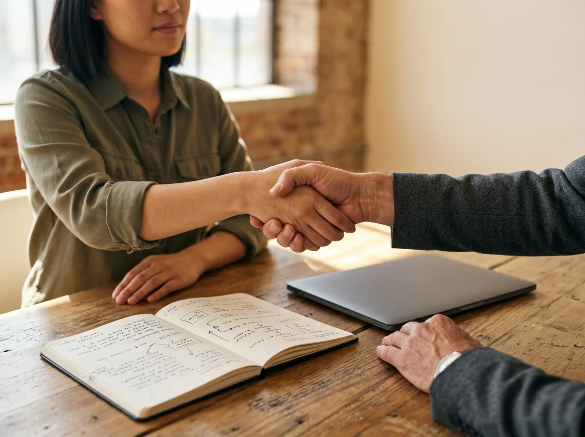 A founder and experienced operator shaking hands after a working session