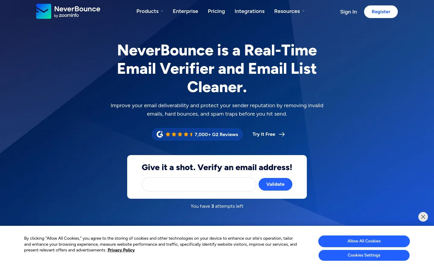 NeverBounce homepage above the fold