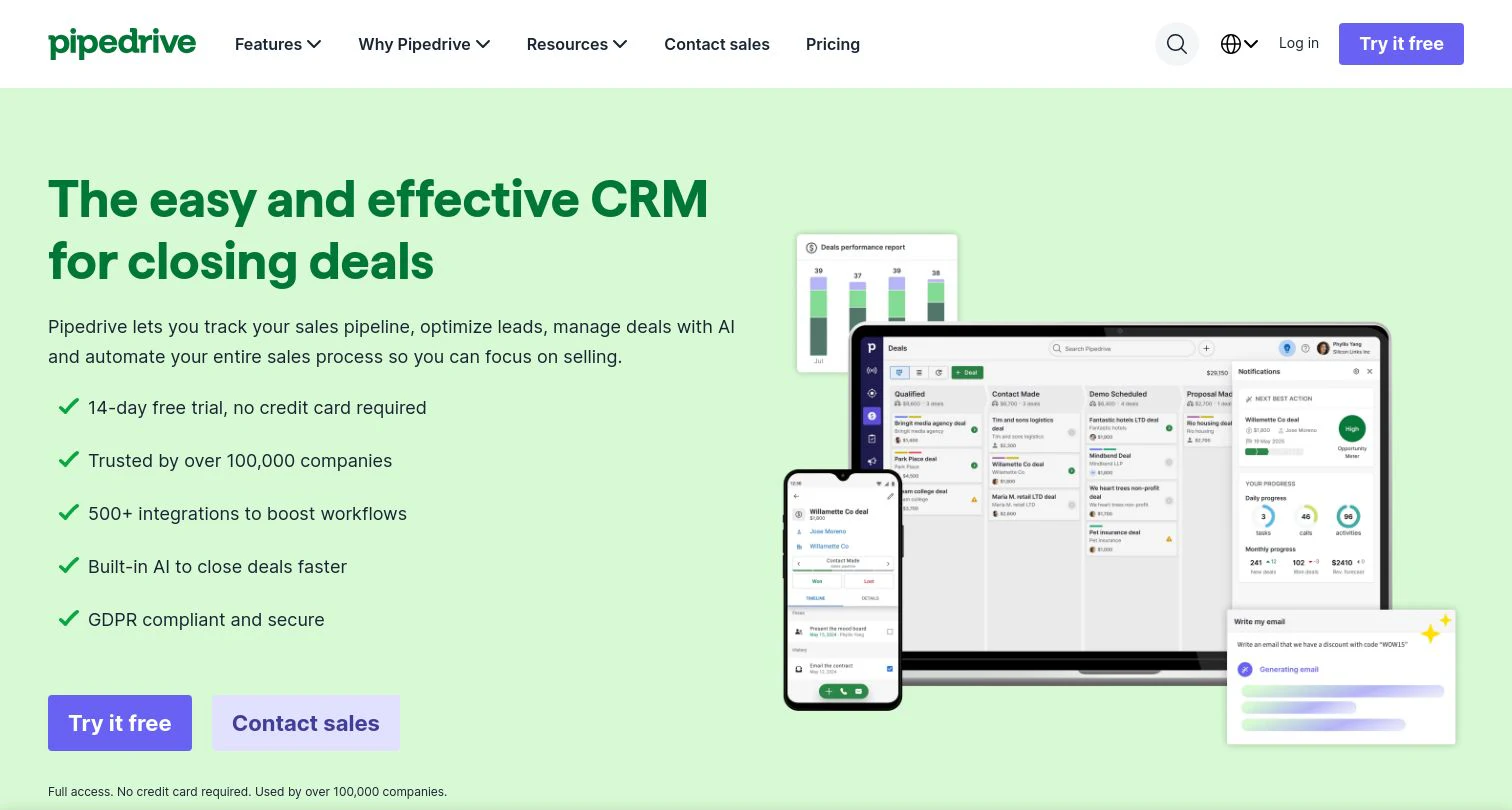 Pipedrive homepage above the fold