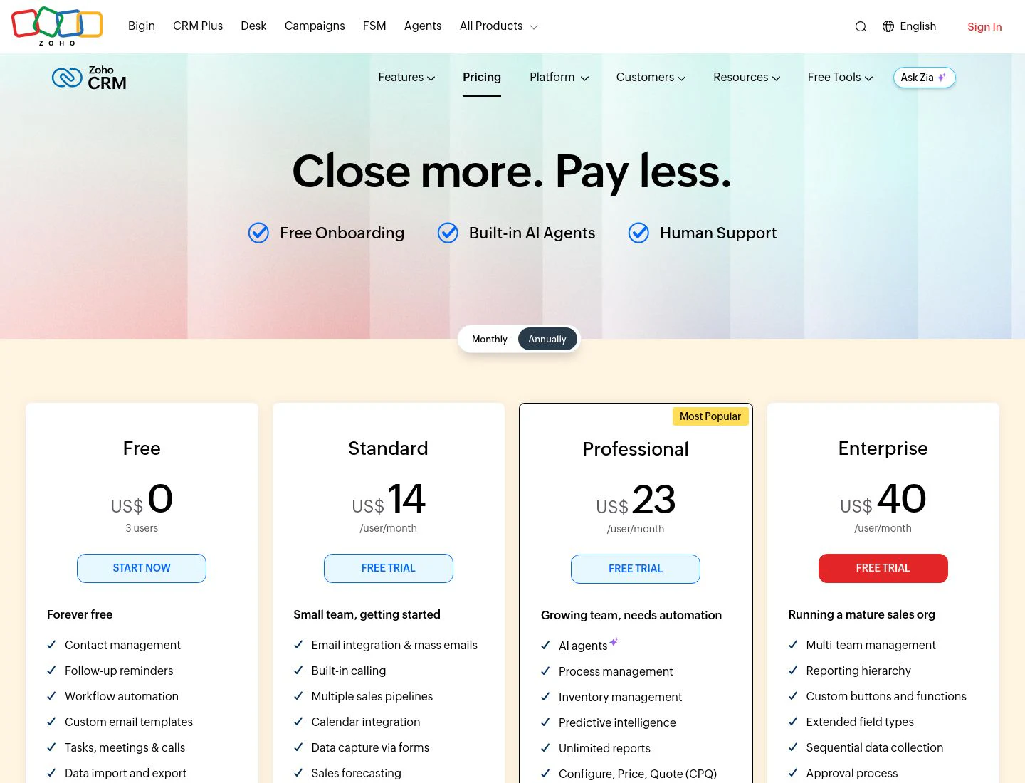 Zoho CRM pricing cards