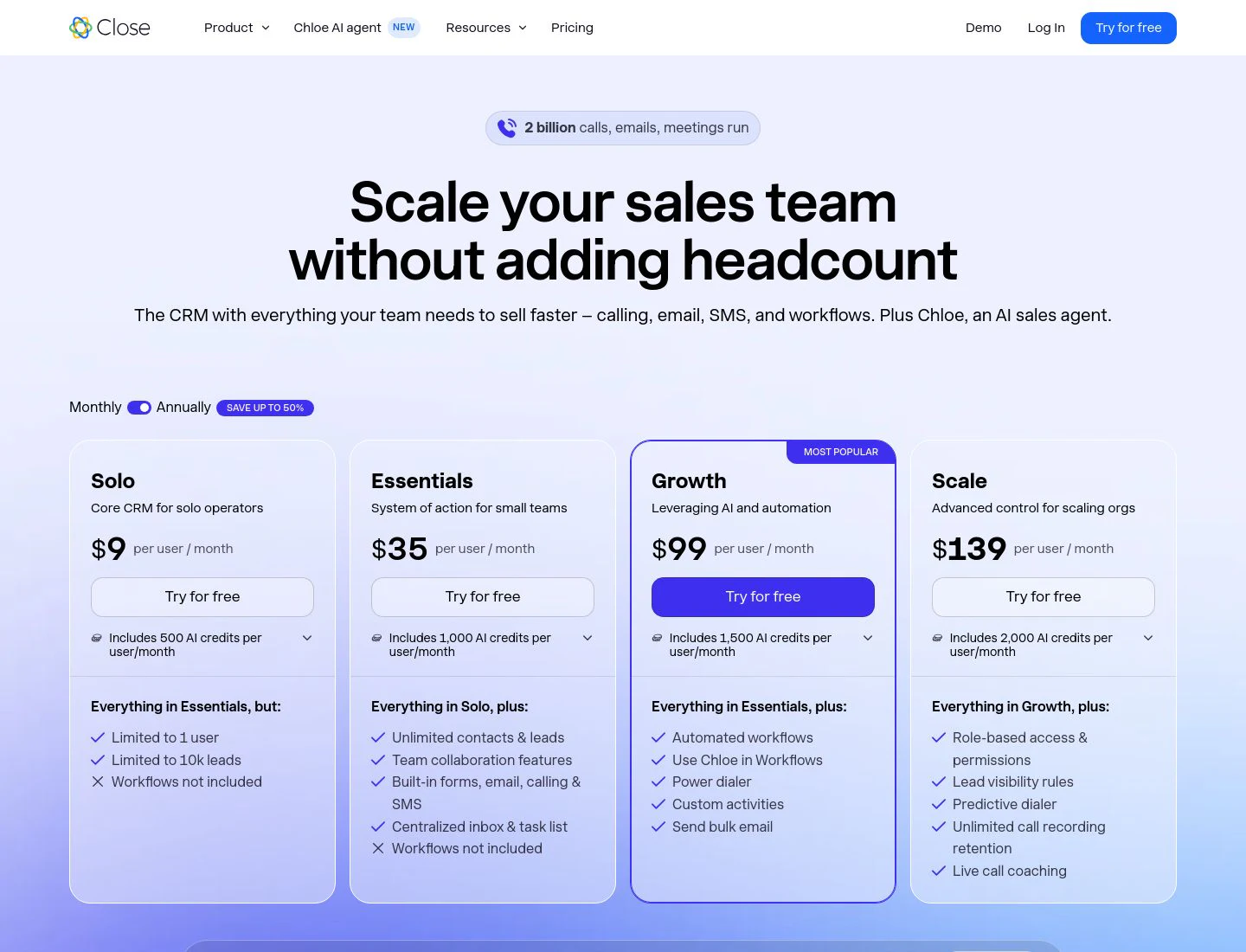 Close CRM pricing cards