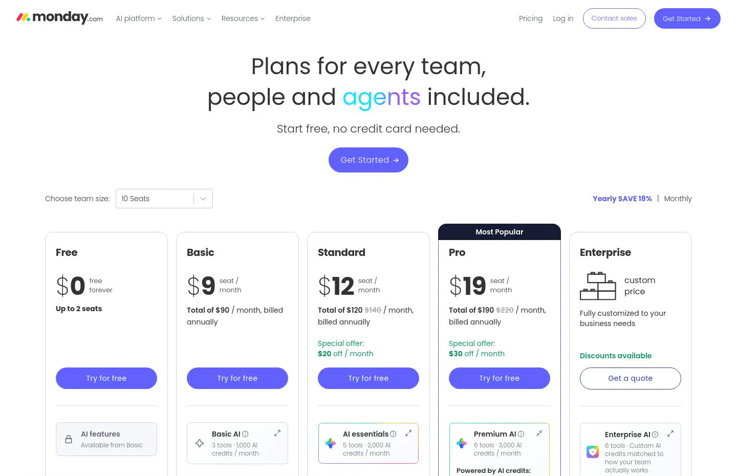 monday.com pricing plan cards