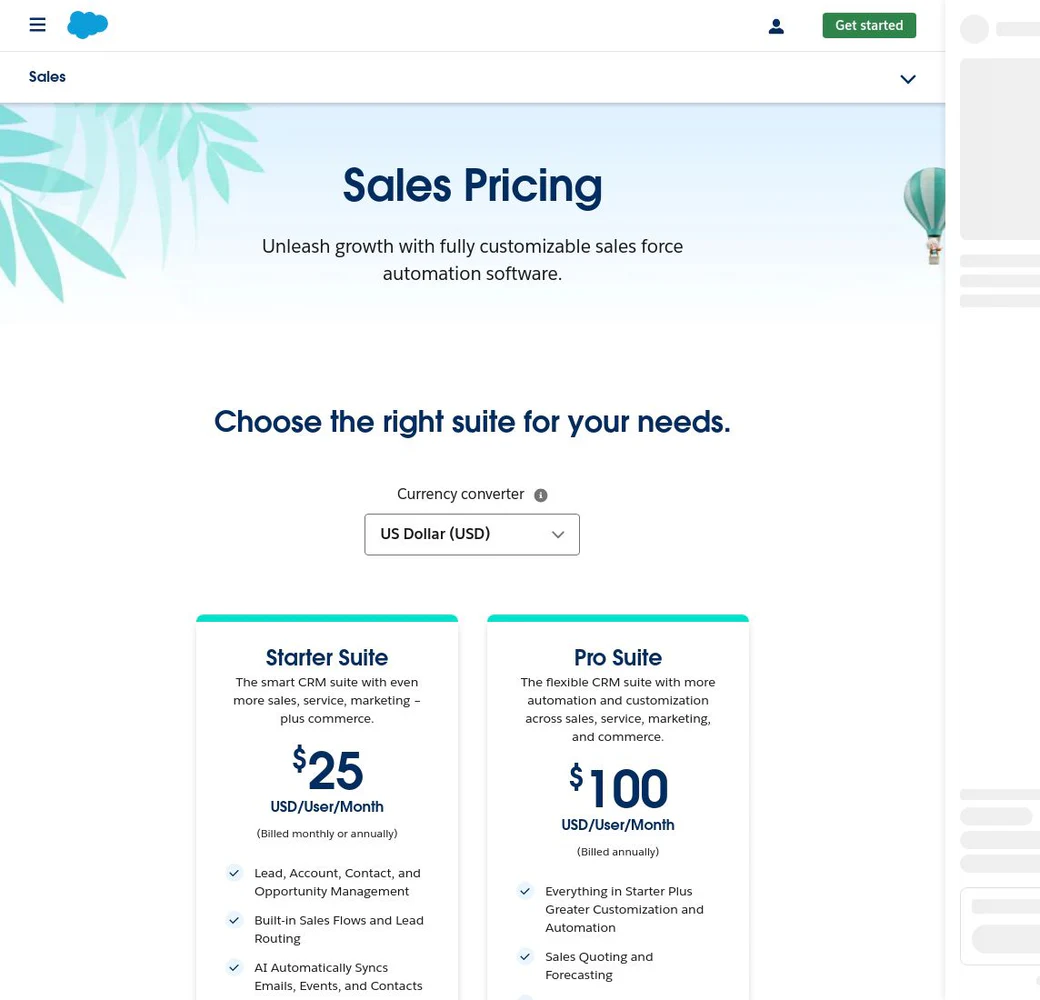 Salesforce Sales pricing cards