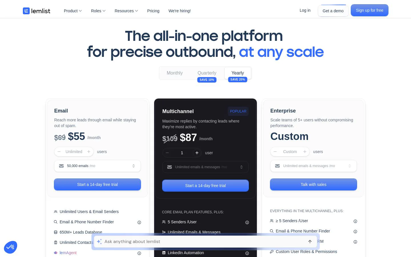 lemlist pricing tiers