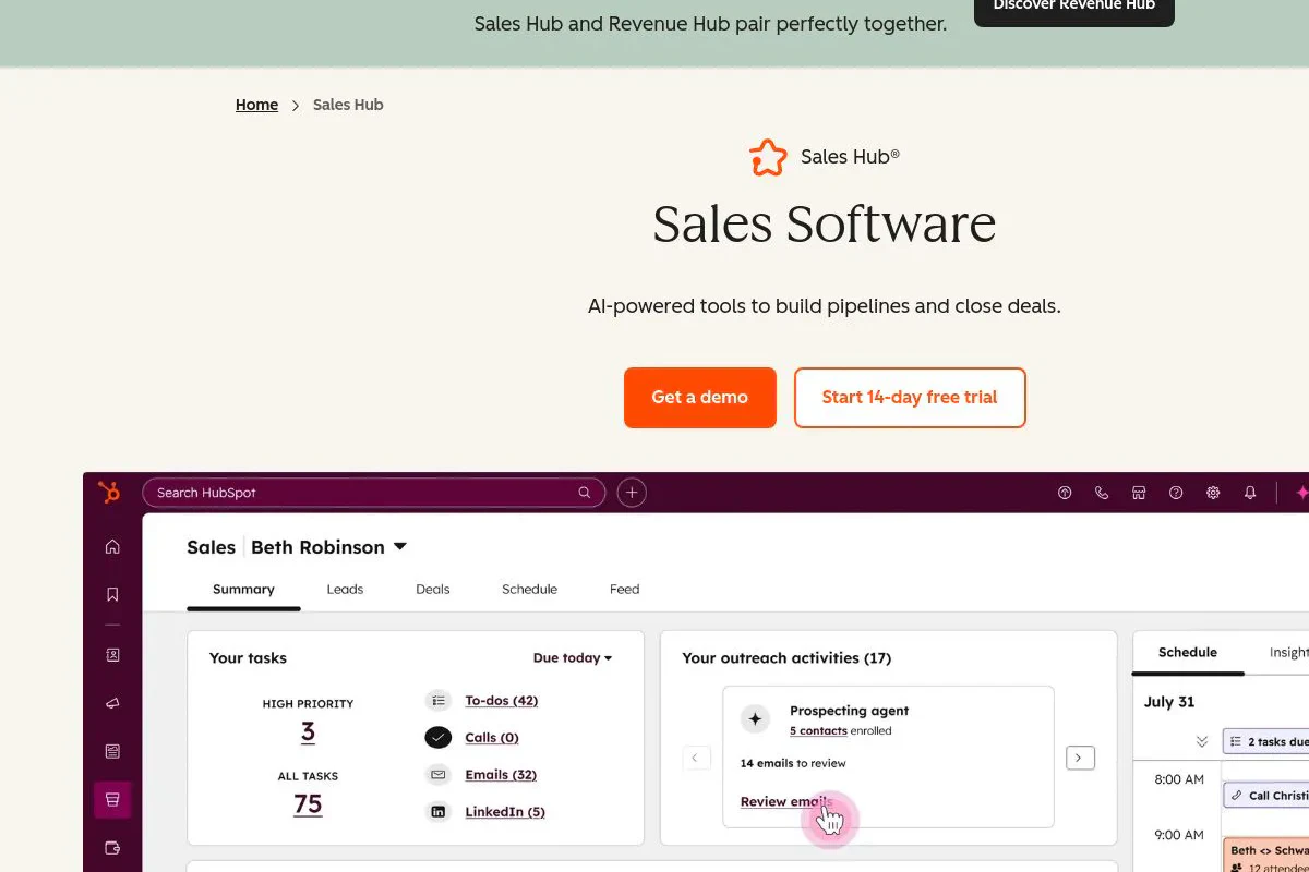 HubSpot Sales Hub homepage above the fold