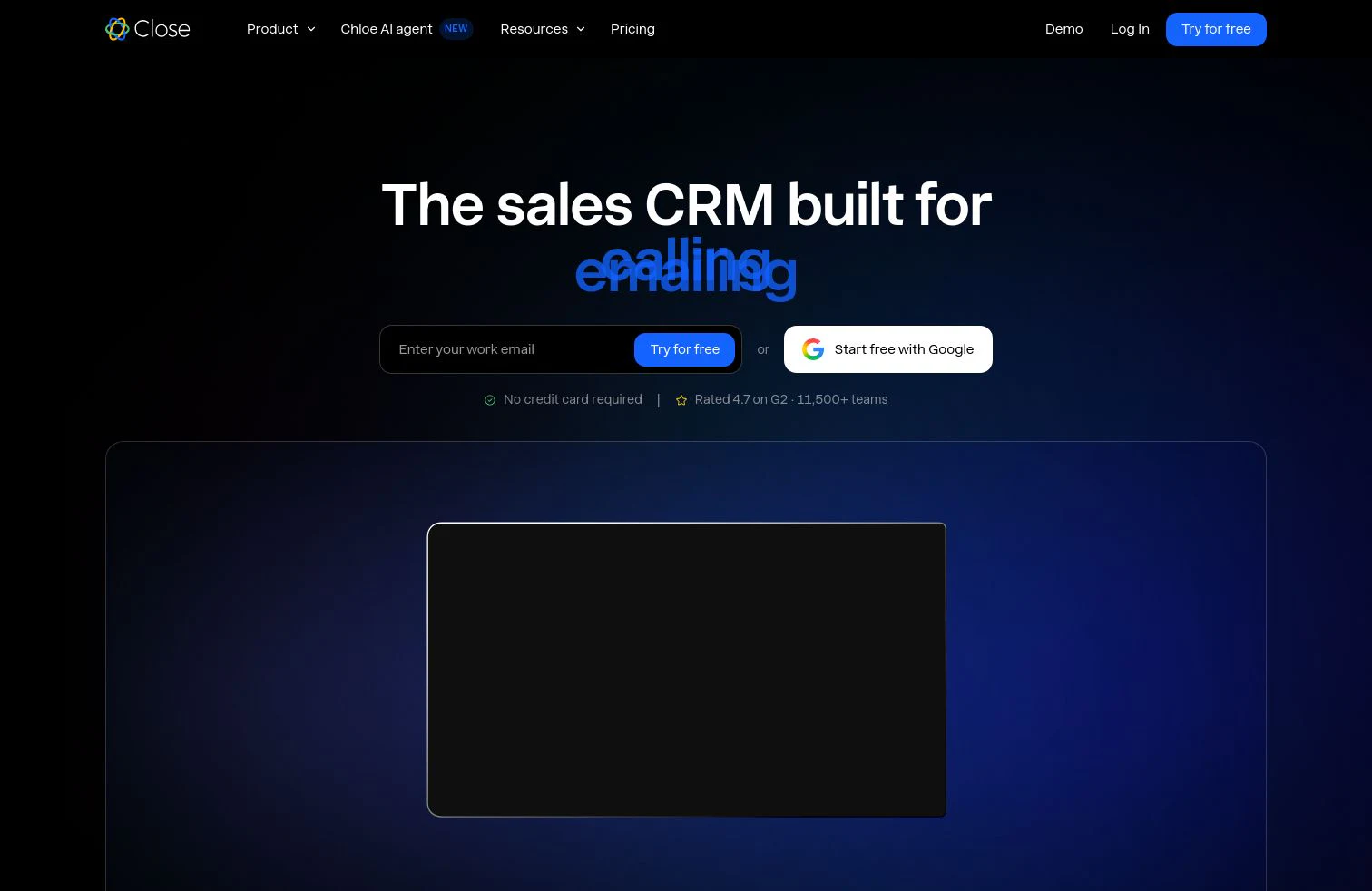 Close CRM homepage above the fold