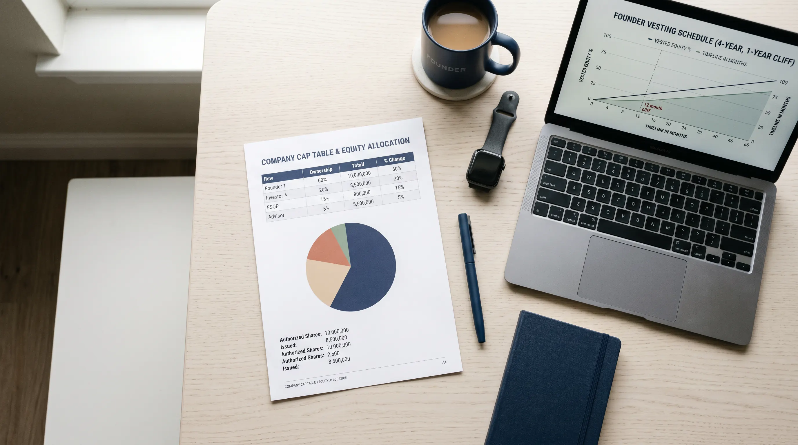A printed startup cap table with an ownership pie chart beside a laptop showing a 4-year vesting schedule