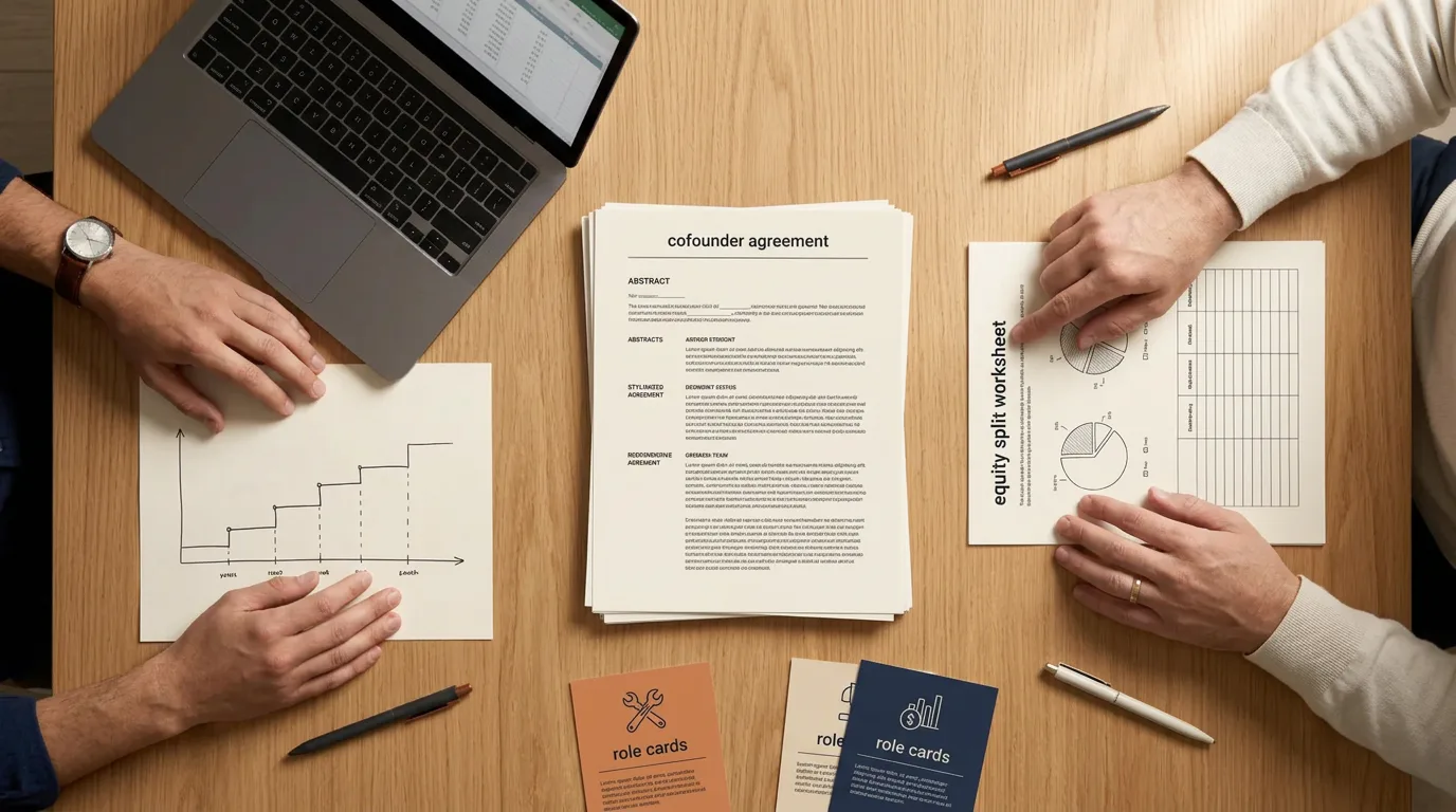 Two startup cofounders reviewing an agreement, equity worksheet, role cards, and vesting timeline at a shared table