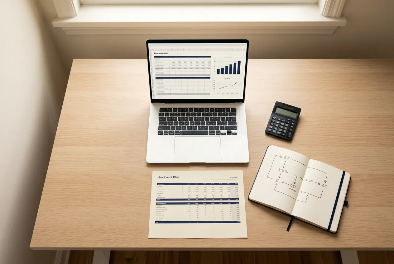 Overhead startup finance workspace with a laptop showing a financial model, a headcount plan, calculator, and scenario notes