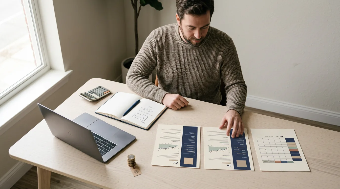 Solo founder reviewing candidate resumes and a hiring scorecard beside a laptop, notebook, and calculator