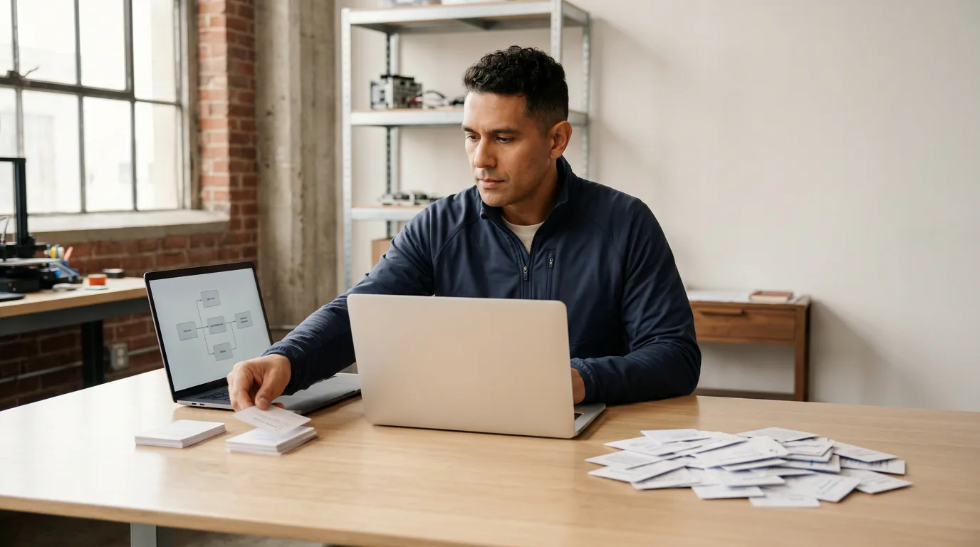 Technical founder sorting a small release stack of feature cards beside a laptop showing a simple user flow