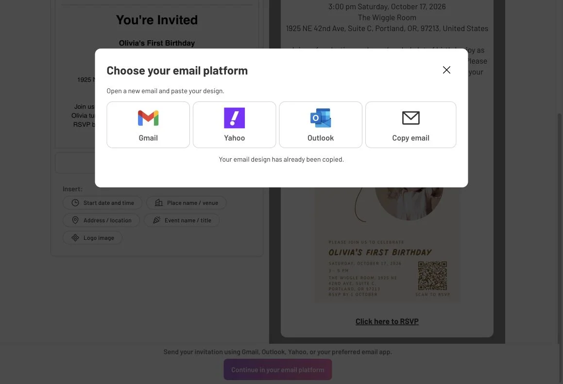 Email-platform choices with instructions to open a new email and paste the copied design