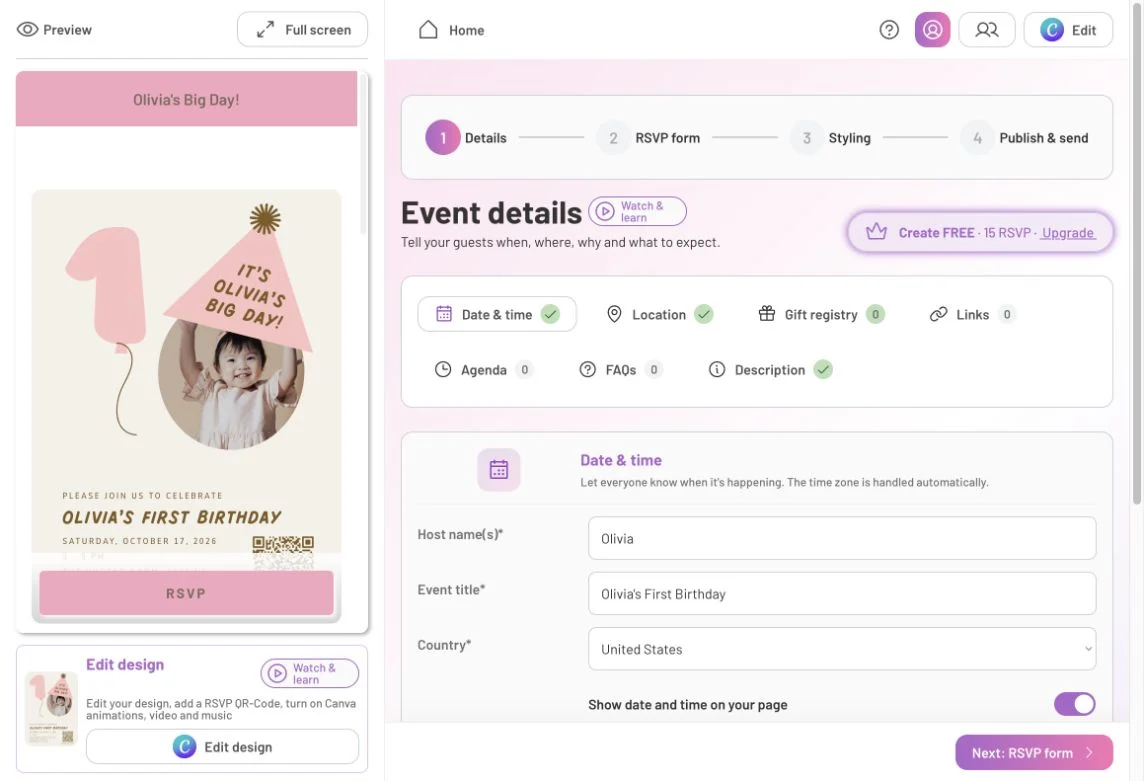 The Details stage with event information controls beside the invitation preview