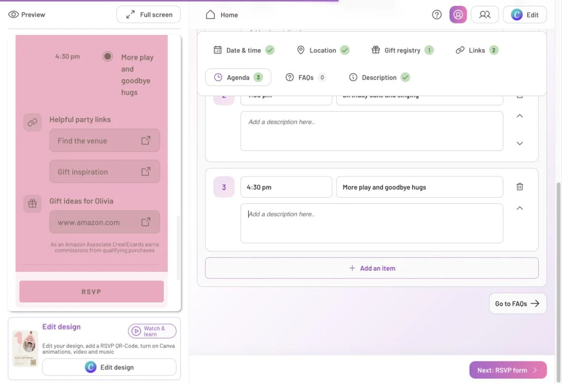 Agenda editing controls with a party activity and the page preview alongside
