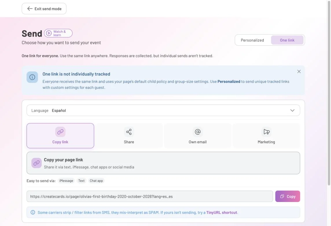One link with Español selected and a Spanish-language invitation URL ready to copy