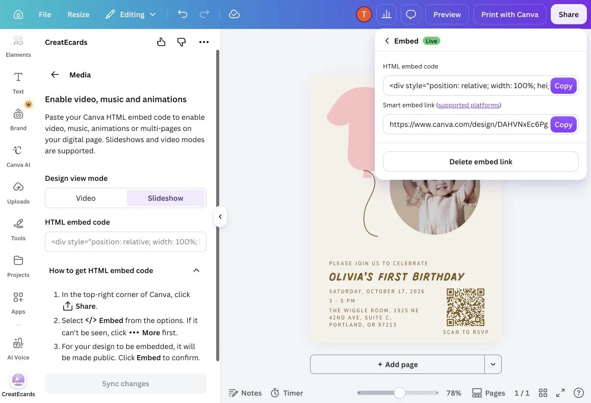 Canva's Embed panel showing separate HTML embed code and Smart embed link fields beside the CreatEcards Media panel