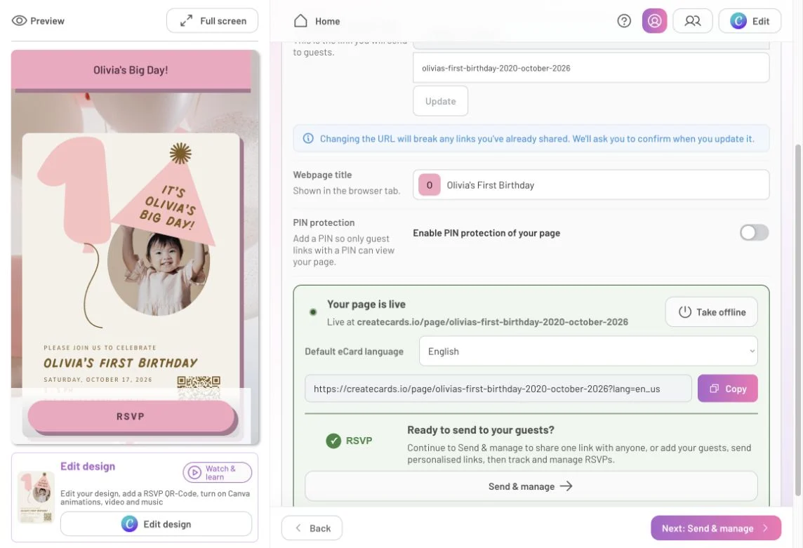 Live-page confirmation with the language setting, Copy control, Take offline and Send and manage
