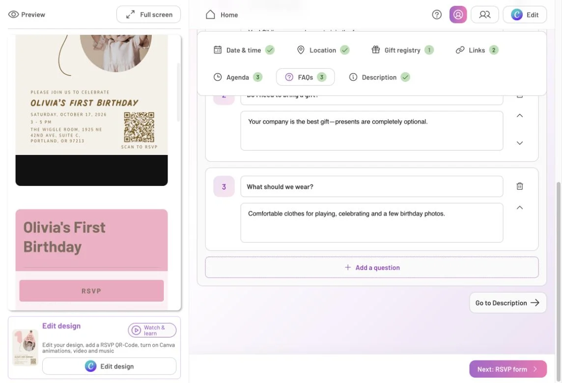 FAQ editor with question and answer fields, reorder arrows and Add a question
