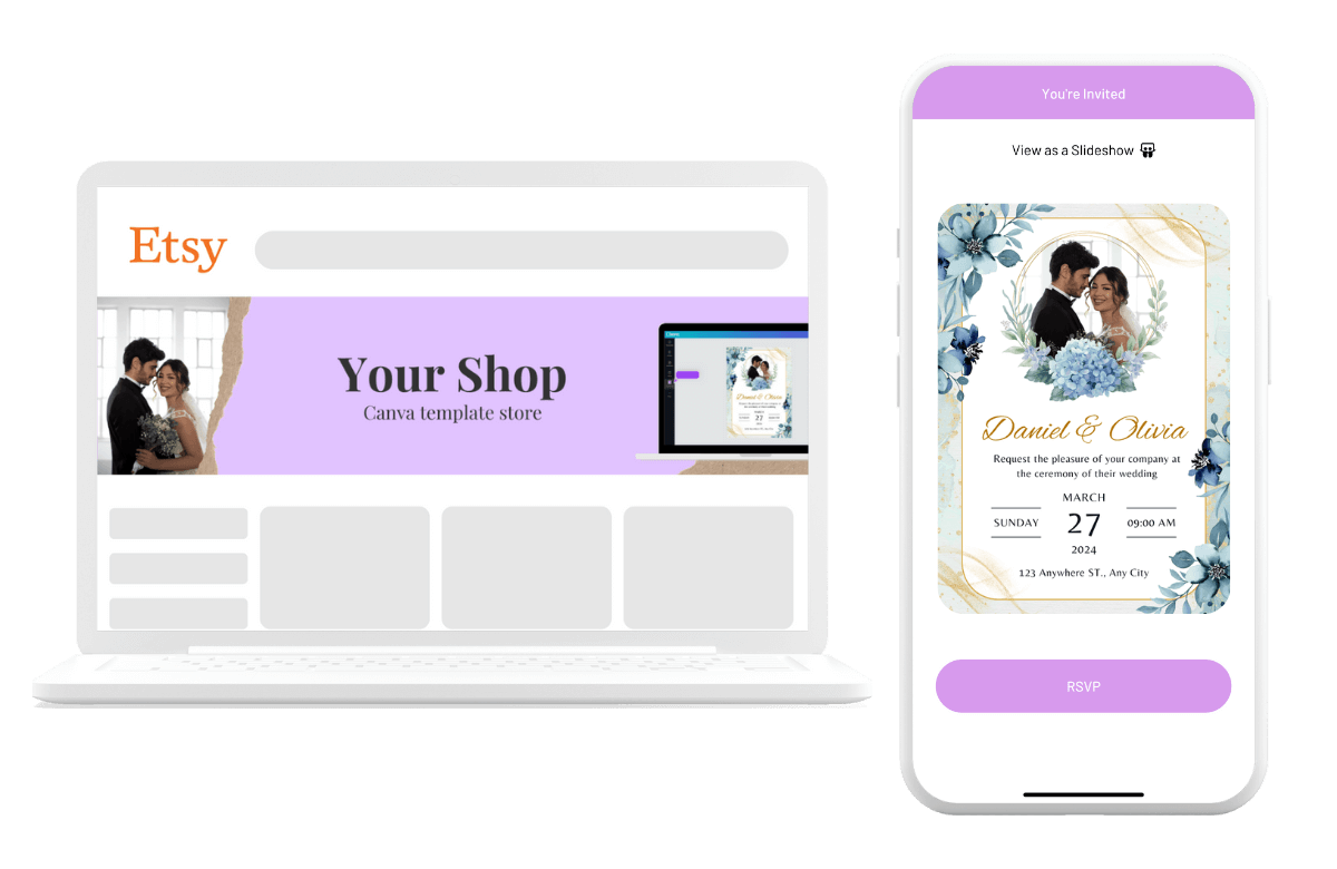 An Etsy Canva template shop beside a live CreatEcards invitation page