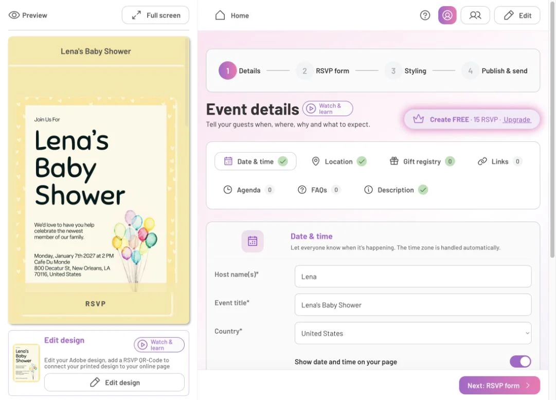 Adobe Express baby-shower design beside the CreatEcards Details editor and four setup stages