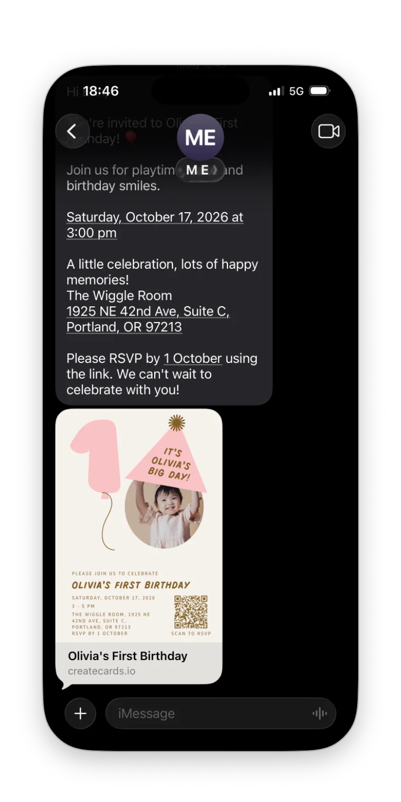 iMessage invitation showing event details and a link preview with the full design, event title and createcards.io address