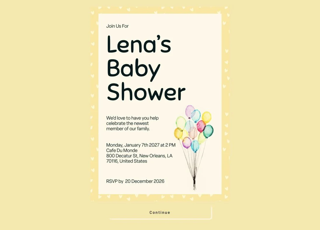 Adobe Express baby-shower invitation displayed on a pale yellow CreatEcards opening screen with a Continue button