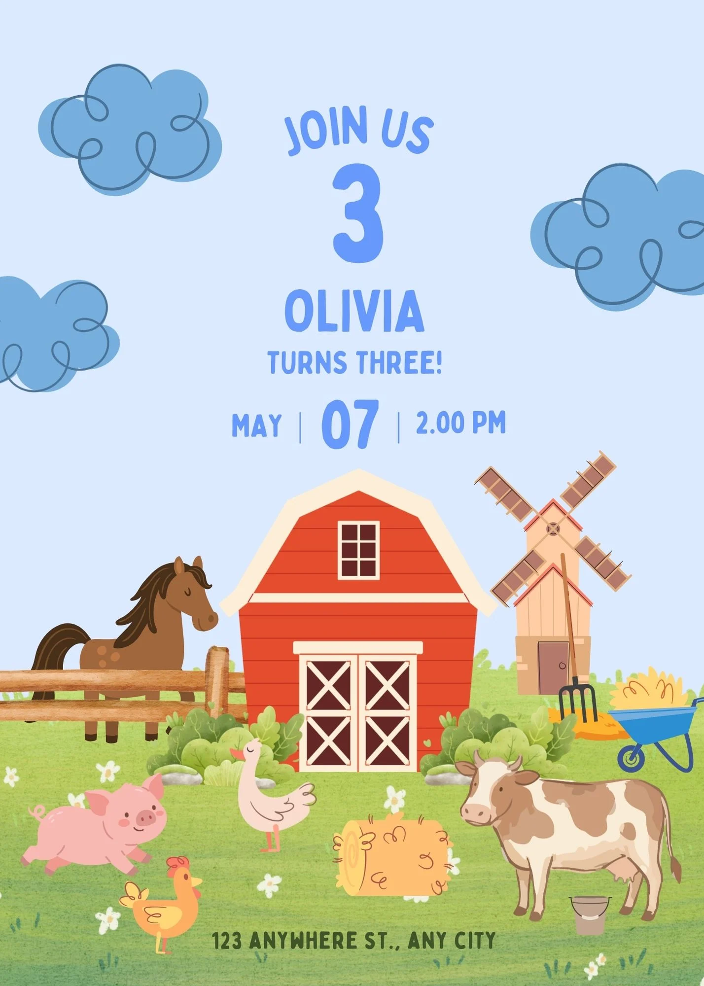 Farm birthday invitation designed in Canva