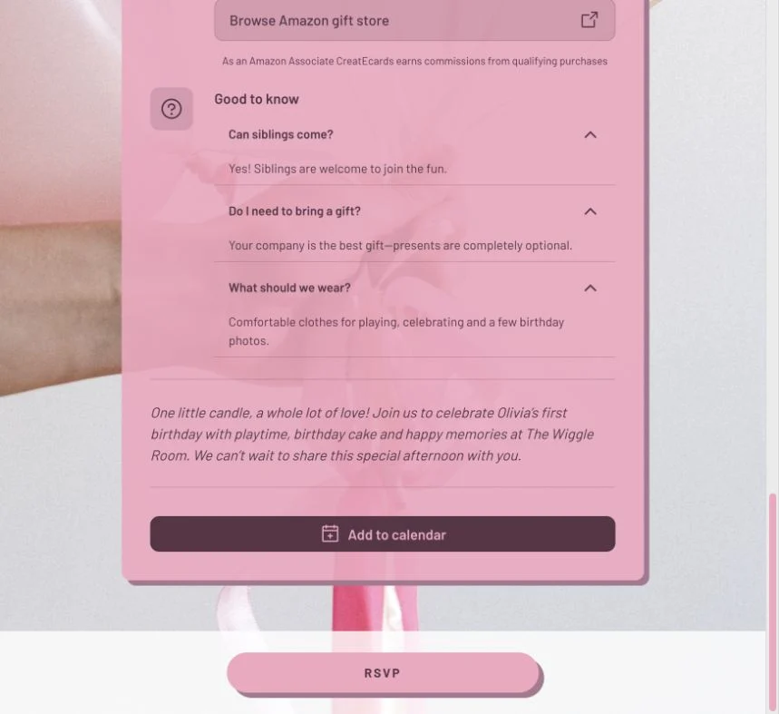 Guest invitation with expanded FAQ answers and the RSVP button visible below
