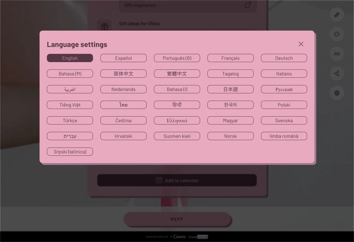 On-page Language settings opened from the globe, with English selected and other languages available