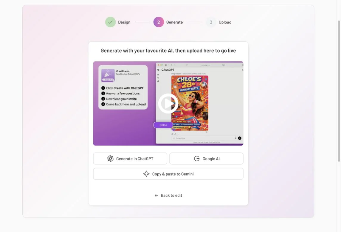 AI Invitation Maker's Generate stage showing Generate in ChatGPT, Google AI and Copy and paste to Gemini