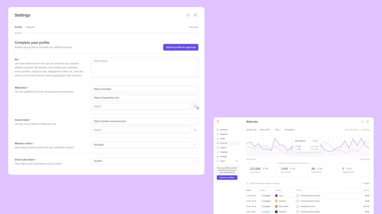 Affiliate profile and referral dashboard