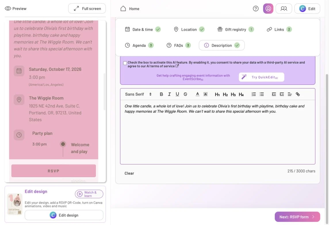 Description editor showing a birthday invitation message and the updated text in the page preview