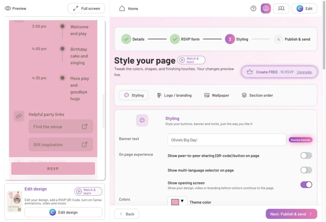 CreatEcards Styling panel showing the opening-screen and on-page language-selector switches