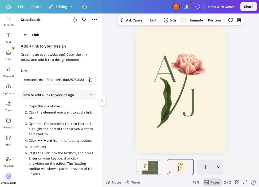CreatEcards Link tool beside the separate portrait invitation, with the website and invitation thumbnails below