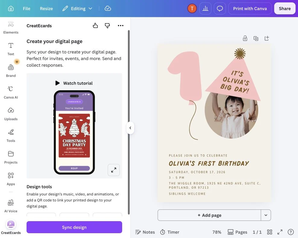 CreatEcards app open beside a birthday invitation design in Canva
