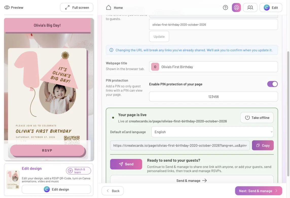 Published-page settings with PIN protection enabled and a generated sharing link