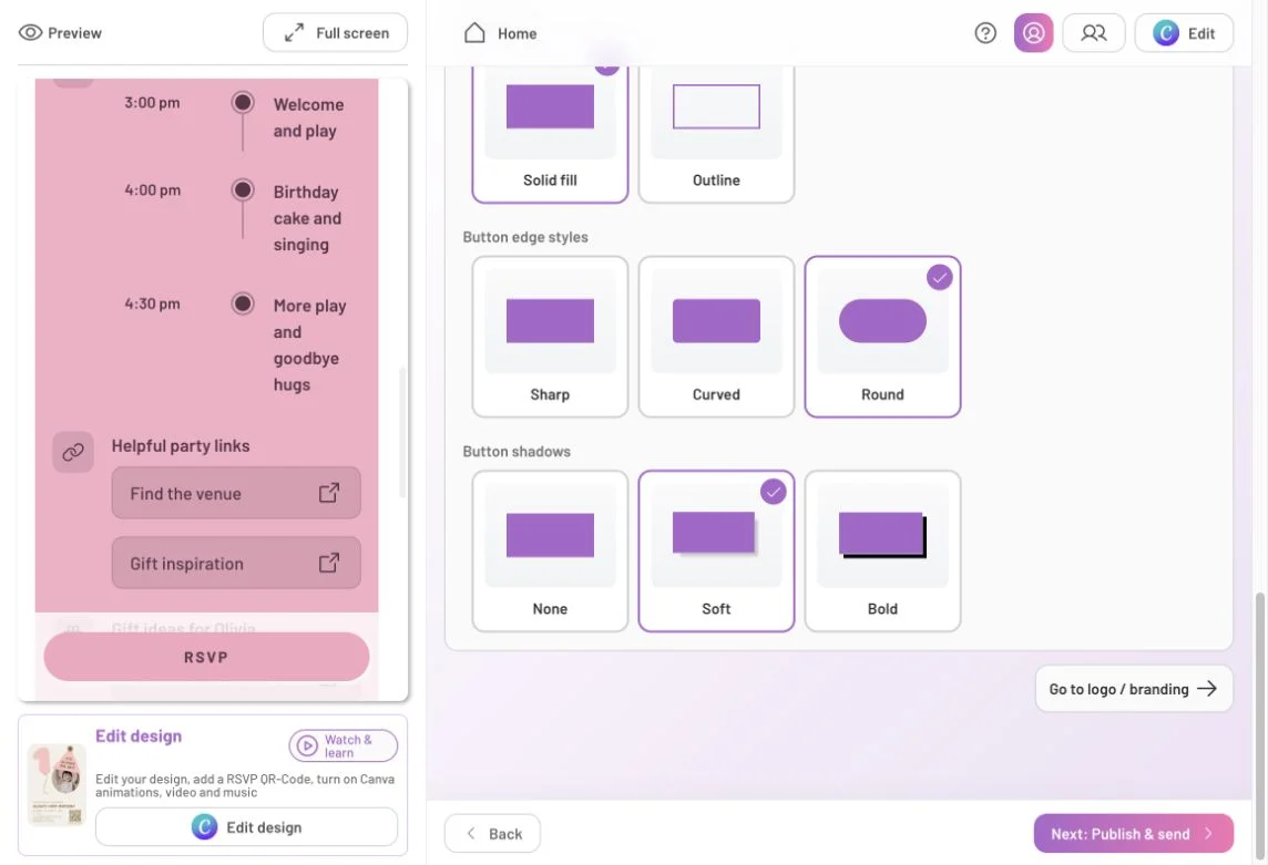 Round button edges and shadow choices beside the RSVP-page preview