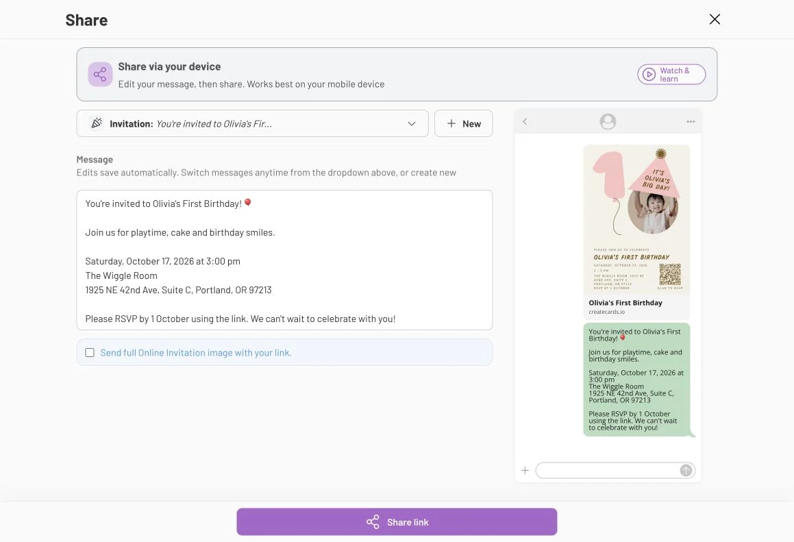 An invitation message being edited beside a phone-style preview