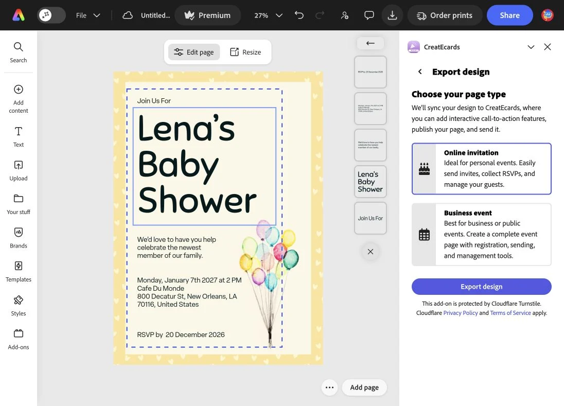 Adobe Express CreatEcards panel with Online invitation selected and Export design below the page choices