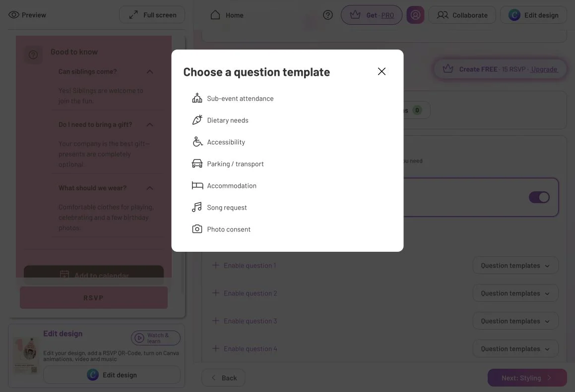 Question template chooser with dietary needs, accessibility, sub-event attendance and other options