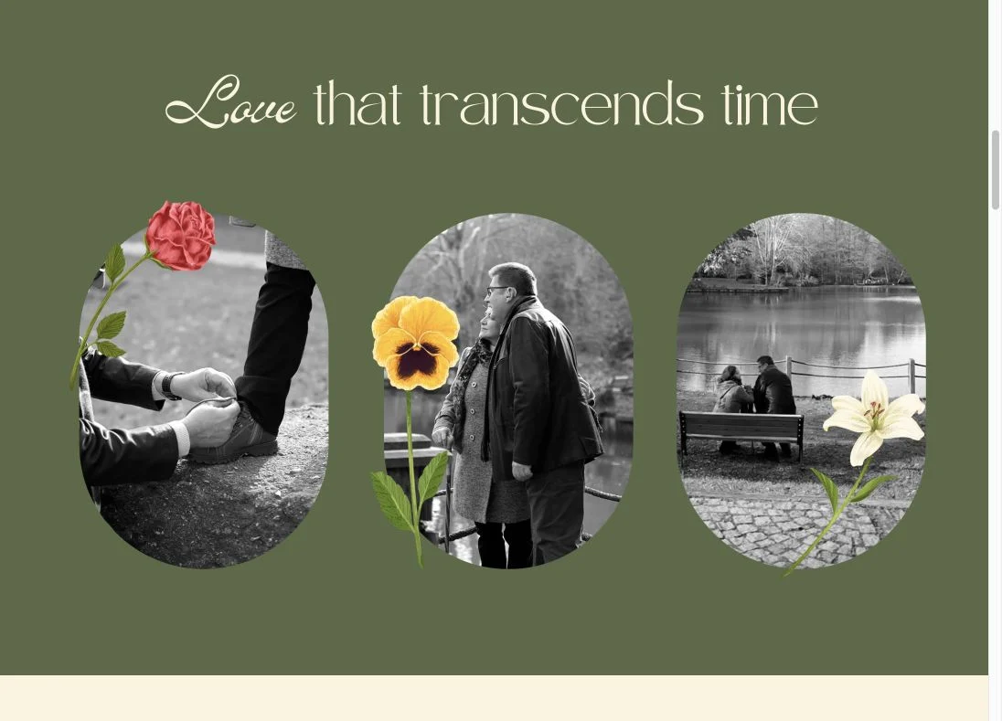 Canva event website showing three couple videos in rounded frames with floral details
