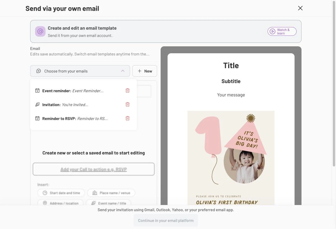 Own email template menu showing Event reminder, Invitation and Reminder to RSVP