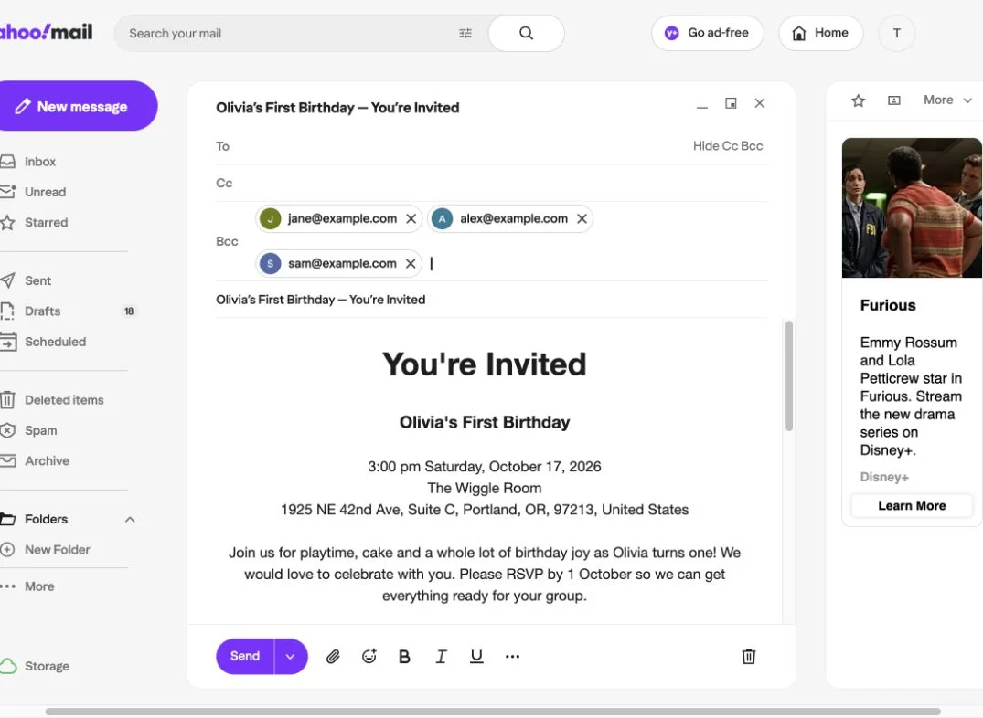 Yahoo invitation draft with a subject and three example addresses in Bcc