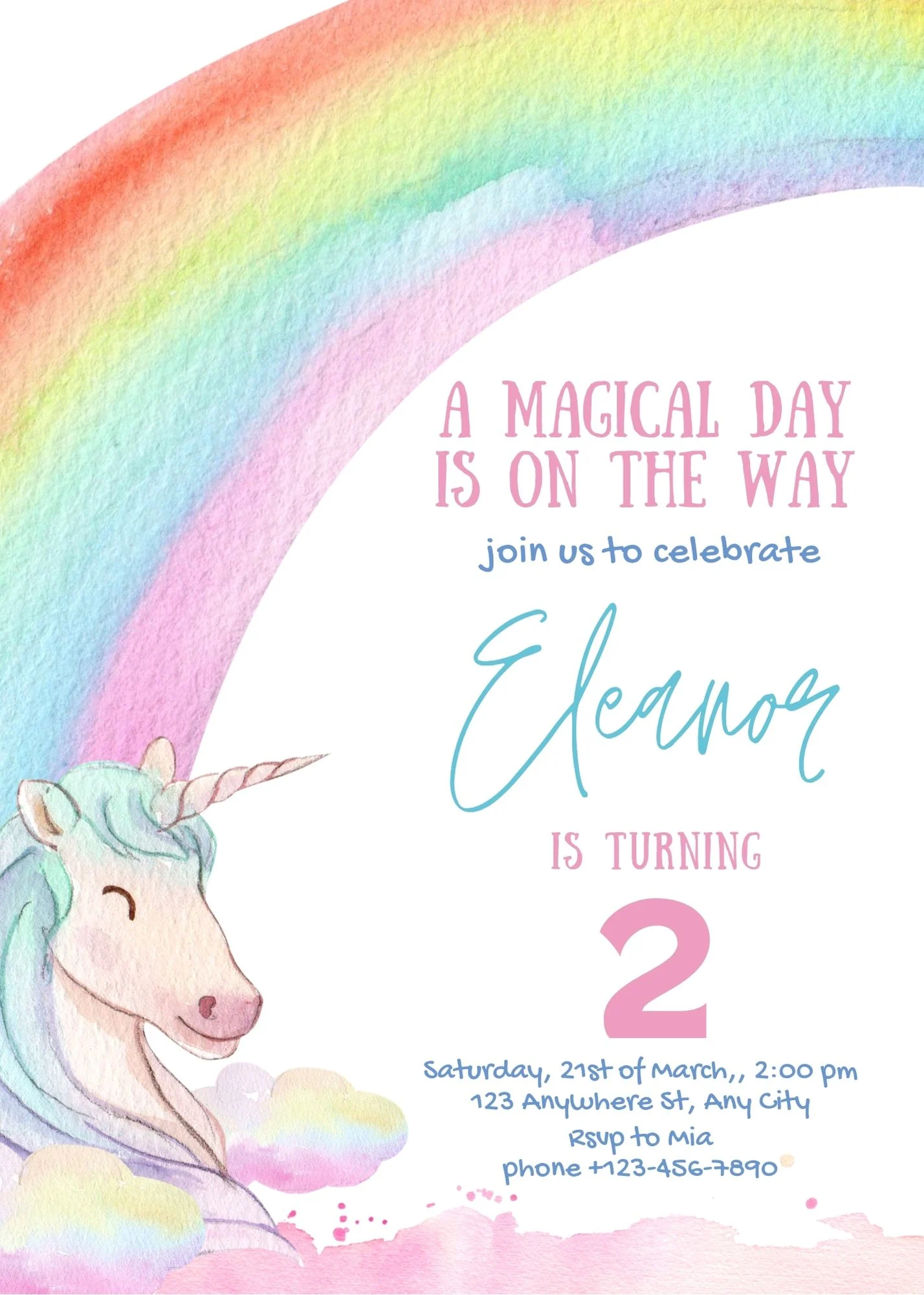 Unicorn birthday invitation designed in Canva