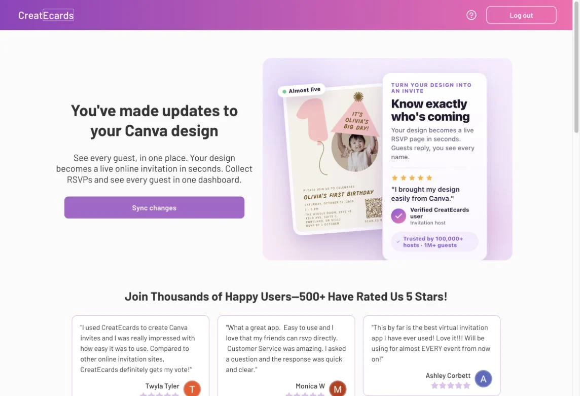 CreatEcards recognizing an updated Canva design and offering Sync changes